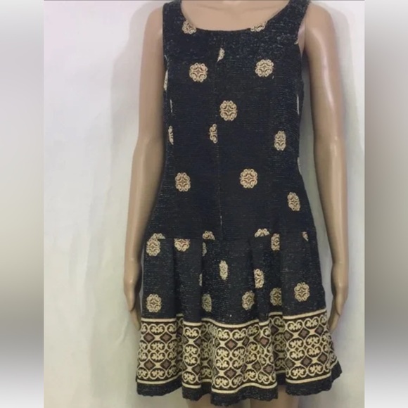 Free People Sleeveless black beige pleated bottom Tapestry dress with pockets 12 - Picture 2 of 8